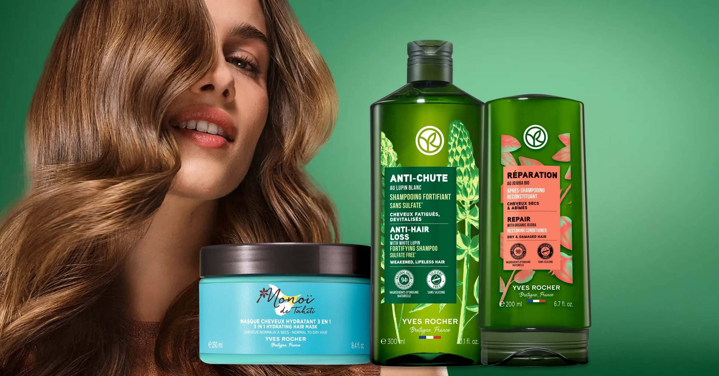 Femme long cheveux brun avec 3 produits yves rocher