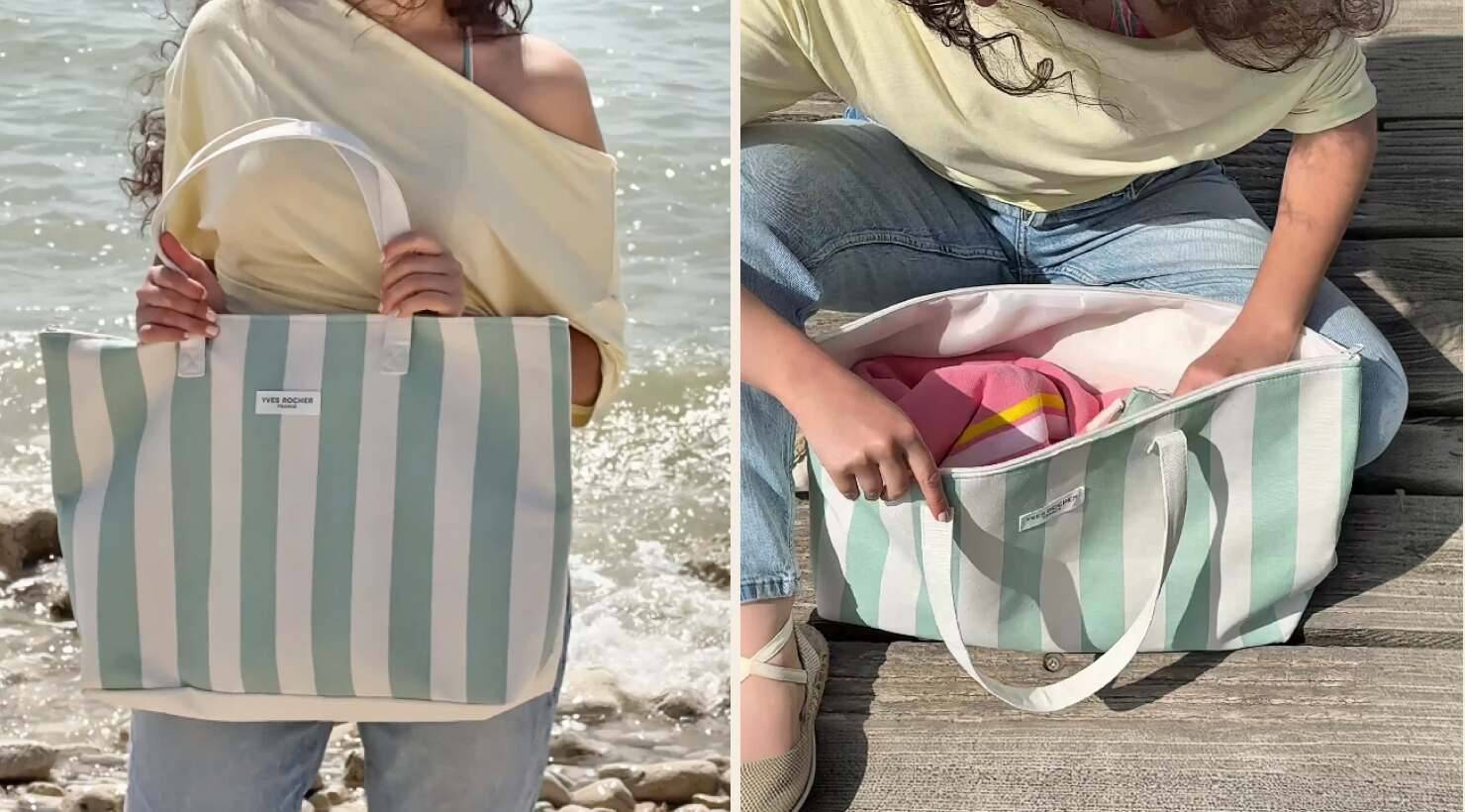 femme portant un sac plage rayure yves rocher